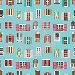 Seamless pattern with various type house window frame and balconies