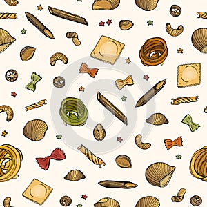 Seamless pattern with various types of raw pasta on light background - farfalle, conchiglie, rotini, rotelli, ravioli photo