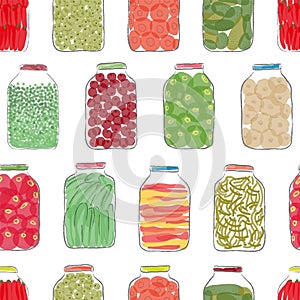 Seamless pattern of various vegetables canned in glass jars on white background . Hand-drawn vector illustration