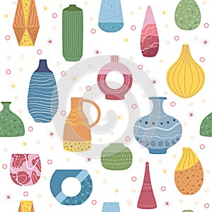 Seamless pattern with vases. Handmade contemporary pottery or porcelain. Boho interior, Decor textile, wrapping paper