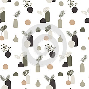 Seamless pattern with vases and leaves.