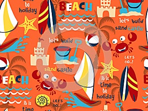 Seamless pattern vector of beach holiday elements cartoon with funny crab