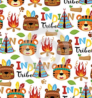 Seamless pattern vector of cartoon bear and tiger with feather headdress. Indian tribal elements