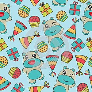 Seamless pattern vector cartoon with cute baby hippo, cake, gifts and hat on blue background suitable for kid wallpaper