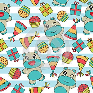 Seamless pattern vector cartoon with cute baby hippo, cake, gifts and hat on striped background suitable for kid wallpaper