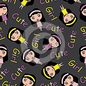 Seamless pattern vector cartoon with cute girls on black background suitable for kid wallpaper