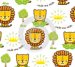 Seamless pattern vector of cartoon lion and lioness with crown and trees