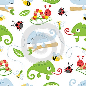 Seamless pattern vector of chameleon cartoon with bugs and leaves