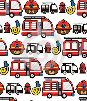 Seamless pattern vector of cute bear with fireman helmet, firefighter elements illustration