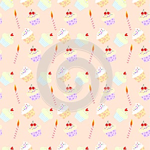 Seamless pattern vector of cute cupcakes and candle on pastel background.