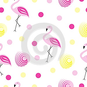 Seamless pattern vector with flamingos and polka dots