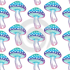 Seamless pattern. Vector flat fly agaric mushroom white background. amanita