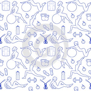Seamless pattern with vector flat illustration. Women sports, yoga