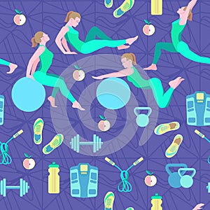 Seamless pattern with vector flat illustration. Women sports, yoga and physical exercises.5