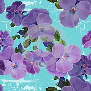 Seamless pattern. Vector floral art. Pansy flowers, violets - buds and leaves. Collage of flowers and leaves.