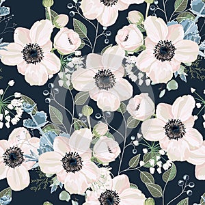 Seamless pattern Vector floral watercolor style design: garden powder Anemone flower