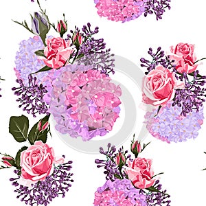 Seamless pattern vector floral watercolor style design: garden powder white pink roses bud, hydrangea and lilac.
