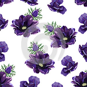 Seamless pattern Vector floral watercolor style design: garden violet Anemone flower branch with greenery leaves.