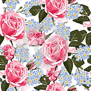 Seamless pattern vector floral watercolor style design, pink roses and blue forget-me-not flowers .