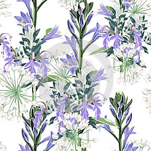 Seamless pattern Vector floral watercolor style design: wild violet flowers and white herbs.