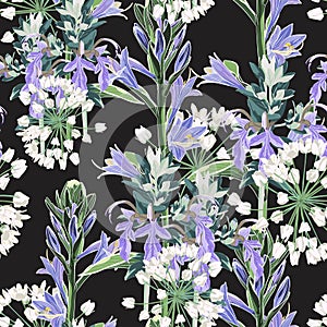 Seamless pattern Vector floral watercolor style design: wild violet flowers and white herbs