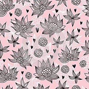 Seamless pattern with vector flowers and hearts doodles