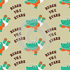 Seamless pattern vector of Funny dinosaur astronaut in space. Dinosaur in outer space. Creative vector childish background for