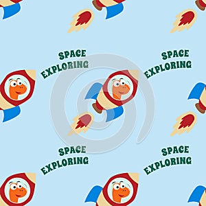 Seamless pattern vector of Funny dinosaur astronaut in space. Dinosaur in outer space. Creative vector childish background for