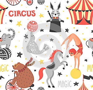 Seamless pattern vector illustration of circus animal. Cute cartoon characters.