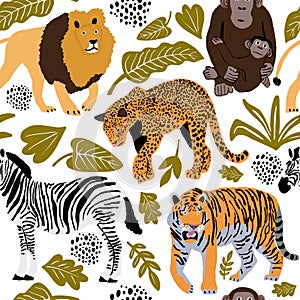 Seamless pattern Vector illustration of cute wild safari African animals. Including , lion, leopard, zebra, tiger