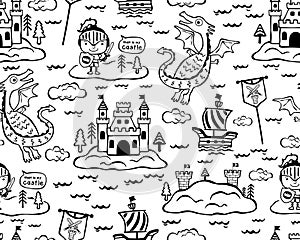 Seamless pattern vector illustration with dragon, knight, castle, sailboat. Fairyland theme set