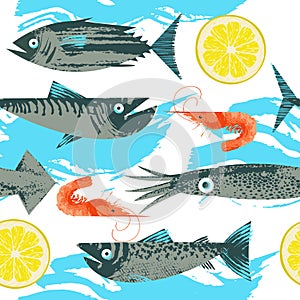Seamless pattern. Vector illustration on the theme of seafood. Various fish, squid, shrimp and lemon slice. On white background