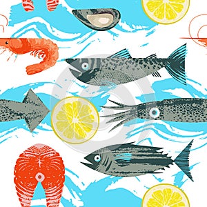 Seamless pattern. Vector illustration on the theme of seafood. Various fish, squid, shrimp and lemon slice. On white background