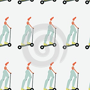 Seamless pattern. Vector illustration with woman riding kick scooter. Cartoon charcater