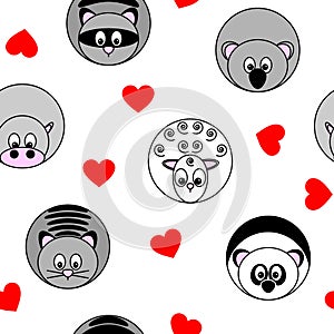 Seamless pattern with vector illustrations of round animals and red hearts, separated from background