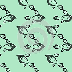 Seamless pattern with vector image of fish in animation style on a colored background.