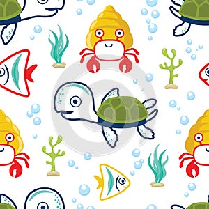 Seamless pattern vector of marine animals cartoon. Turtle, fish, hermit crab