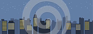 Seamless pattern vector of modern flat skyscrapers at night. Urban scene background, cityscape border