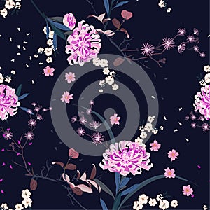 Seamless pattern vector Oriental garden flower with blooming botanical and cherry bloosom florals design for fashion ,fabric,