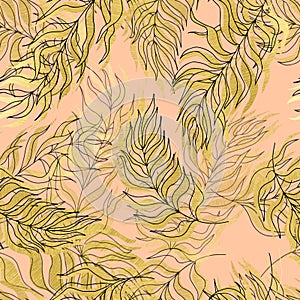 seamless pattern vector palm tree leaves gold leaves and contours on background. For textiles, packaging, fabrics, wallpapers,