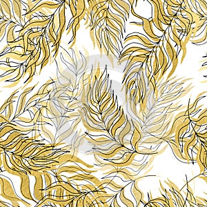 seamless pattern vector palm tree leaves gold leaves and contours on background. For textiles, packaging, fabrics, wallpapers,