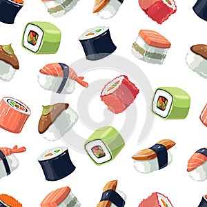 Seamless Pattern with Vector picture set of Sushi rolls food