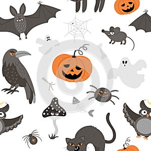 Seamless pattern with vector scary creatures. Digital paper with Halloween characters. Cute autumn all saints eve background with