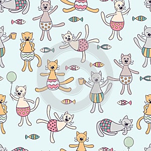 Seamless pattern with vector set of funny cats