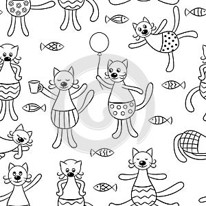 Seamless pattern with vector set of funny cats, coloring page