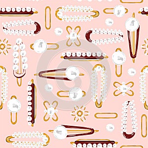 Seamless pattern vector. Set of hair accessory. Beautiful Vintage Hairpins and hair-clip in pearl and gold metal illustration