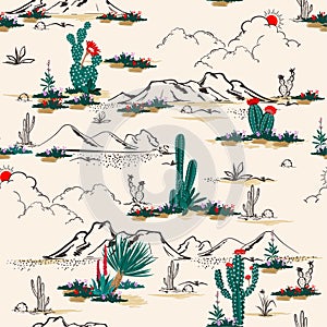 Seamless pattern vector summer cactus on desert mix with beautiful blooming succulents flower for fashion fabric and all prints