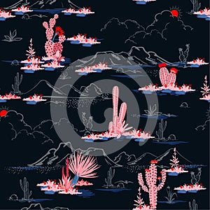 Seamless pattern vector summer cactus on desert mix with beautiful blooming succulents flower for fashion fabric and all prints
