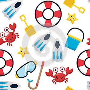 Seamless pattern vector of summer vacation accessories. Beach activities toys with funny crab and star fish