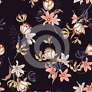 Seamless pattern vector with tulips flowers. Hand drawing illustration with wild floral for fashion ,fabric,